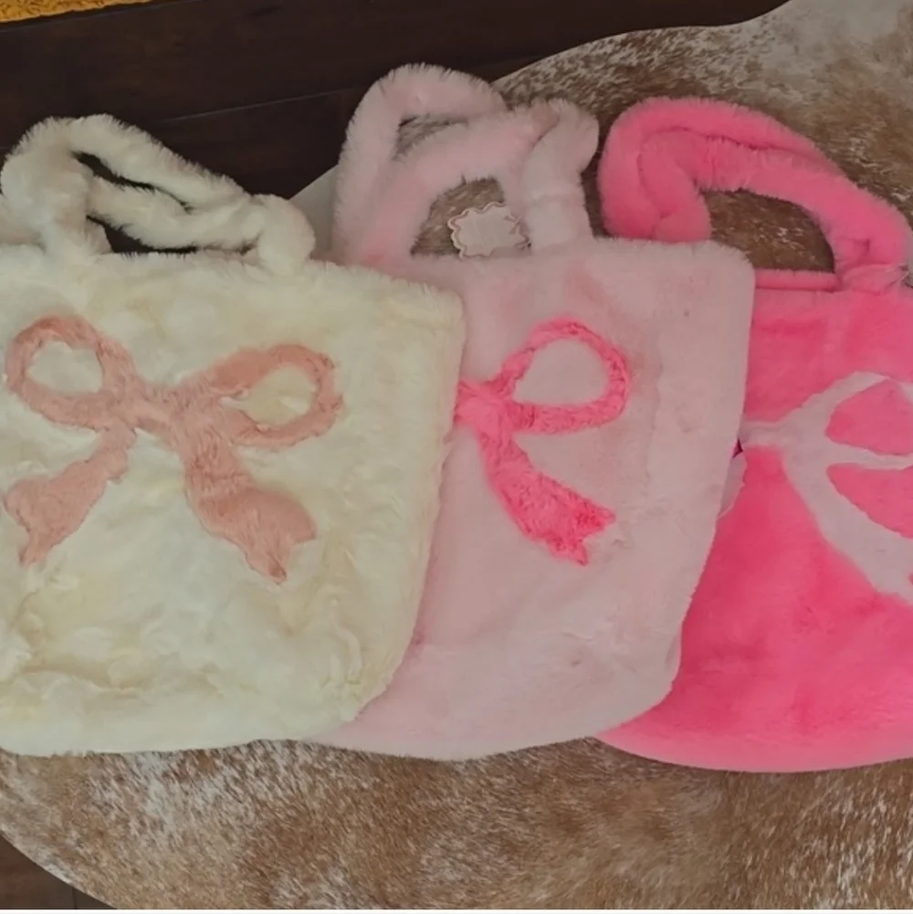 Cream and Pink Faux Fur Tote Bag